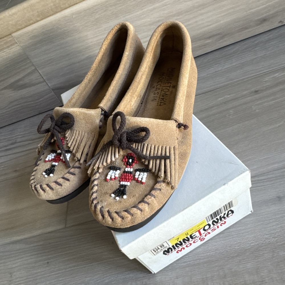 Vintage Minnetonka Beaded Thunderbird Suede Moccasins Brown Sz 7 Women's W/ Box